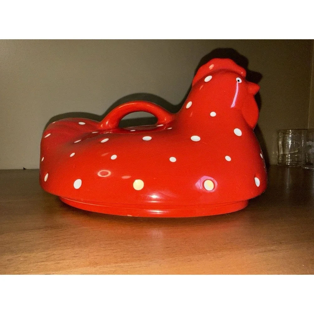 Red White Polka Dot Ceramic Chicken Hen Butter Dish Farmhouse Kitchen Decor 7in